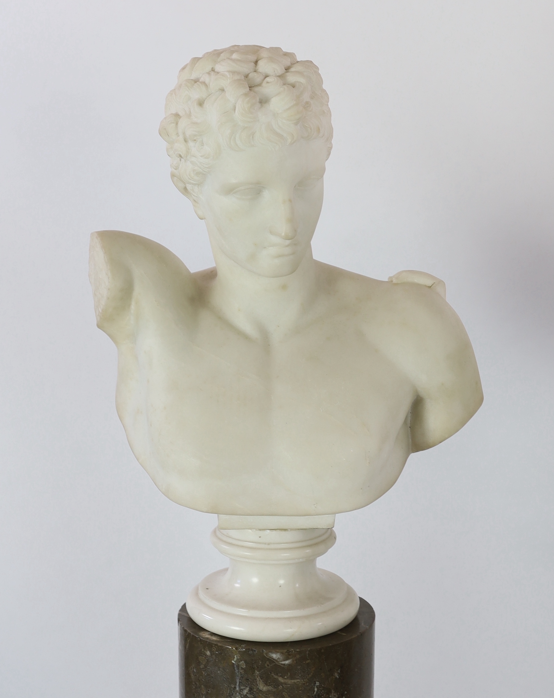 After the Antique. A pair of 19th century white marble busts of Apollo and Diana, Busts 57cm high, columns 121.5cm high